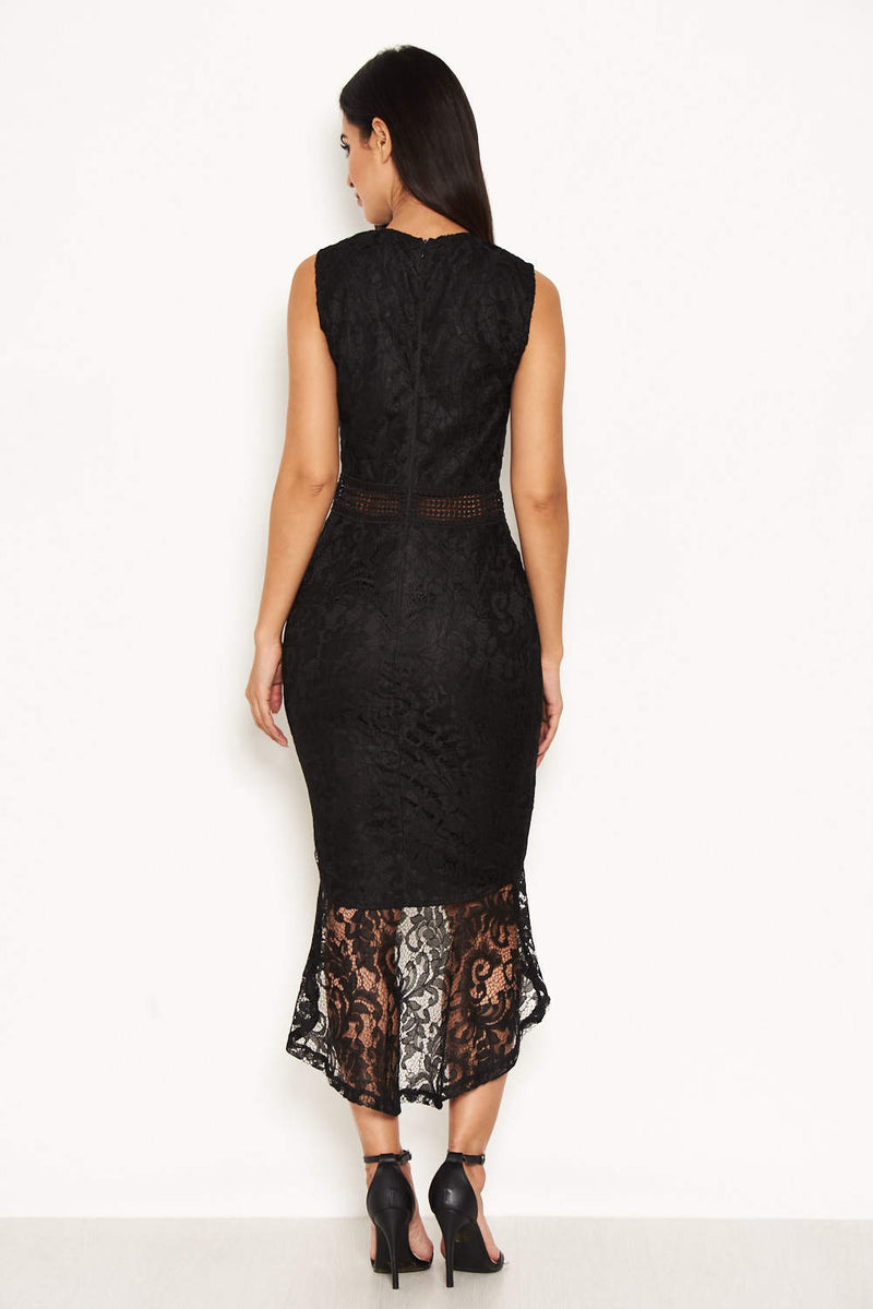 Black Fishtail Hem Lace Midi Dress