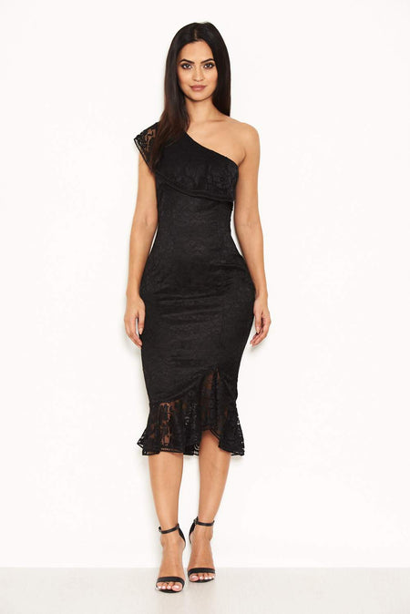 Black Lace One Shoulder Frill Detail Midi Dress