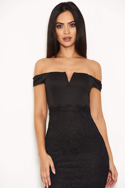 Black Notch Front Lace Detail Midi Dress