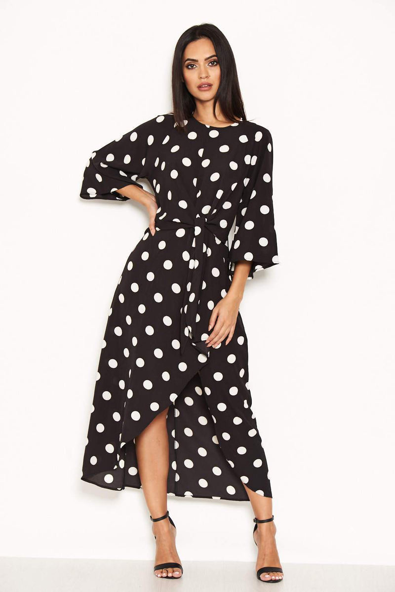 Black Polka Dot Wrap Dress With Tie Front