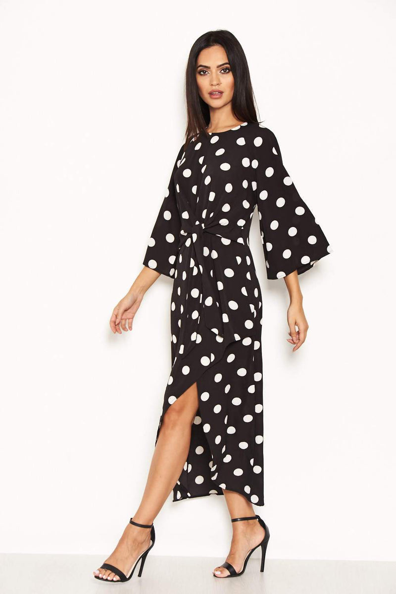 Black Polka Dot Wrap Dress With Tie Front