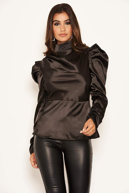 Black Satin Puff Sleeve Top