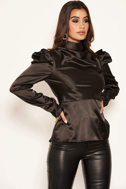 Black Satin Puff Sleeve Top