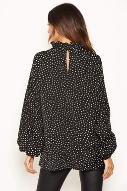 Black Spotty Pleated Frilled Neck Top