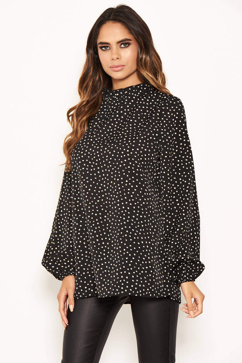 Black Spotty Pleated Frilled Neck Top