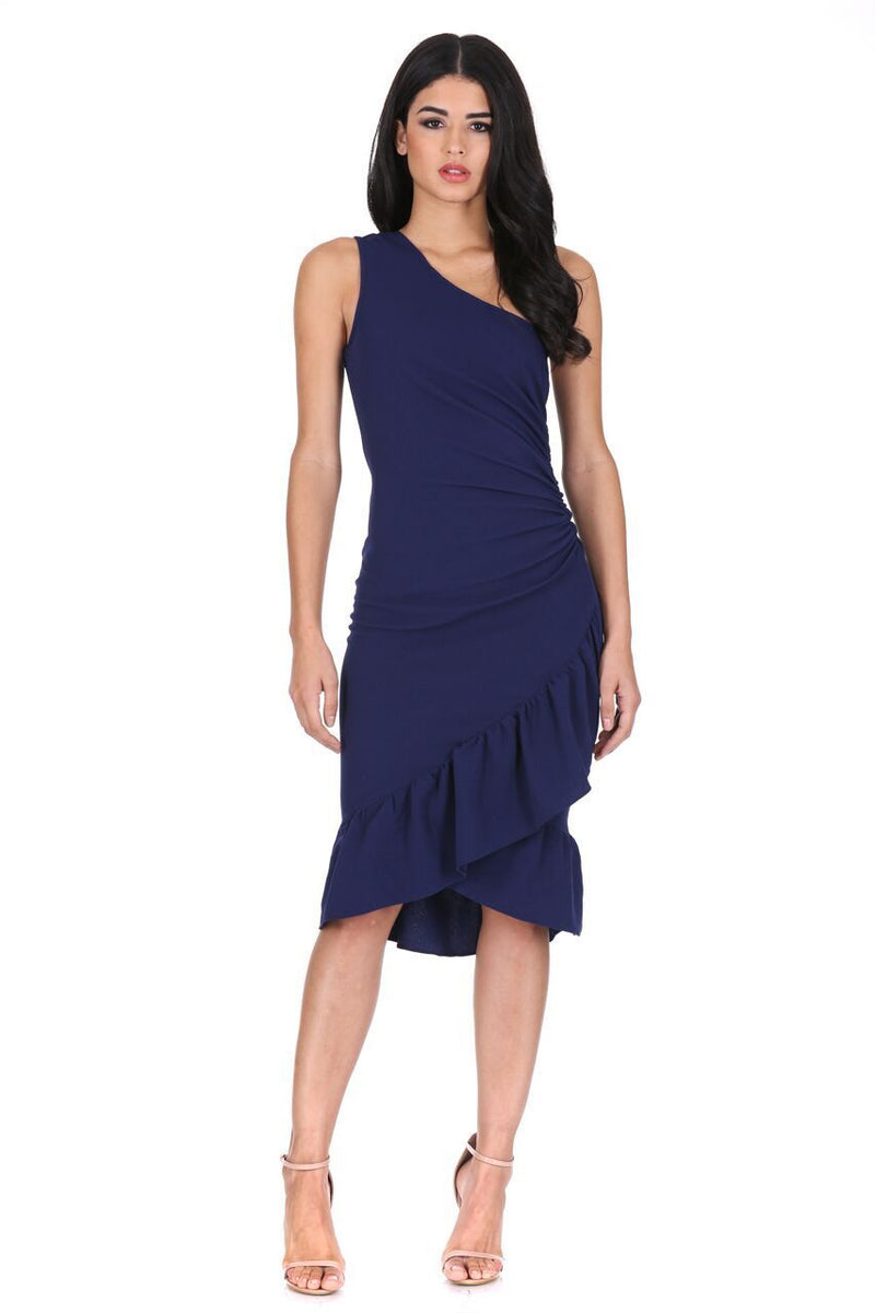 Navy Asymmetric Side Ruched Dress