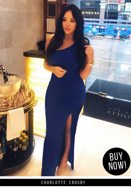 Blue Asymmetric Thigh Split Maxi Dress