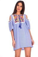 Blue Aztec Striped Cold Shoulder Dress