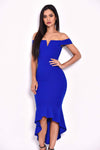 Blue Bardot Fishtail Midi Dress