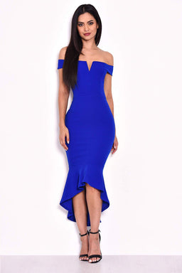 Blue Bardot Fishtail Midi Dress