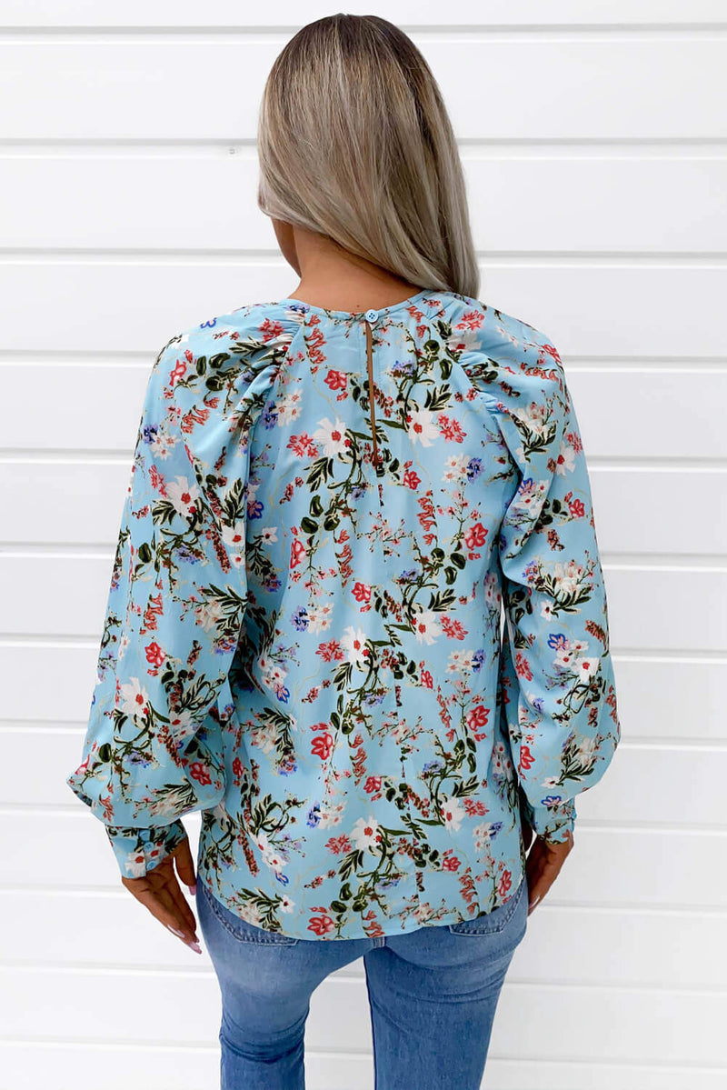 Blue Floral Print High Neck Wide Sleeve Top