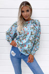 Blue Floral Print High Neck Wide Sleeve Top