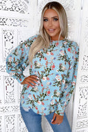 Blue Floral Print High Neck Wide Sleeve Top