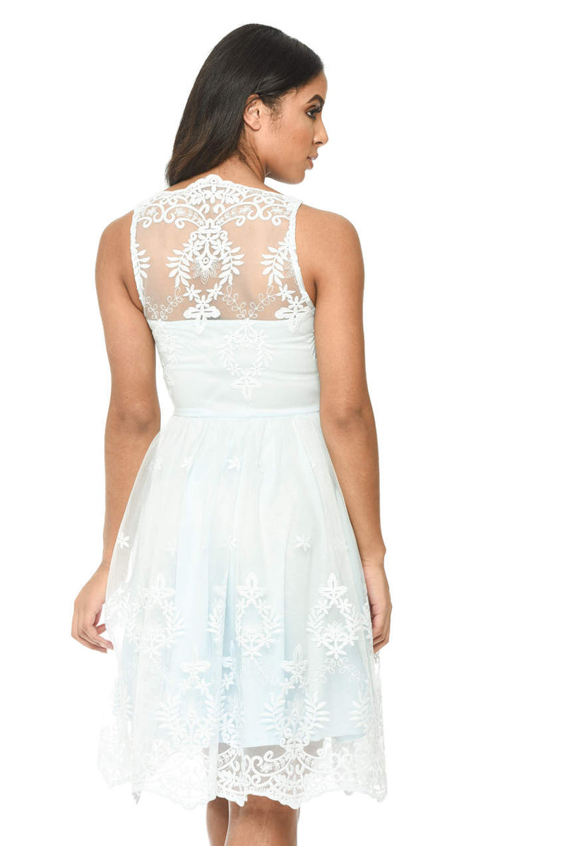 Blue Lace Detail Dress With Full Skirt
