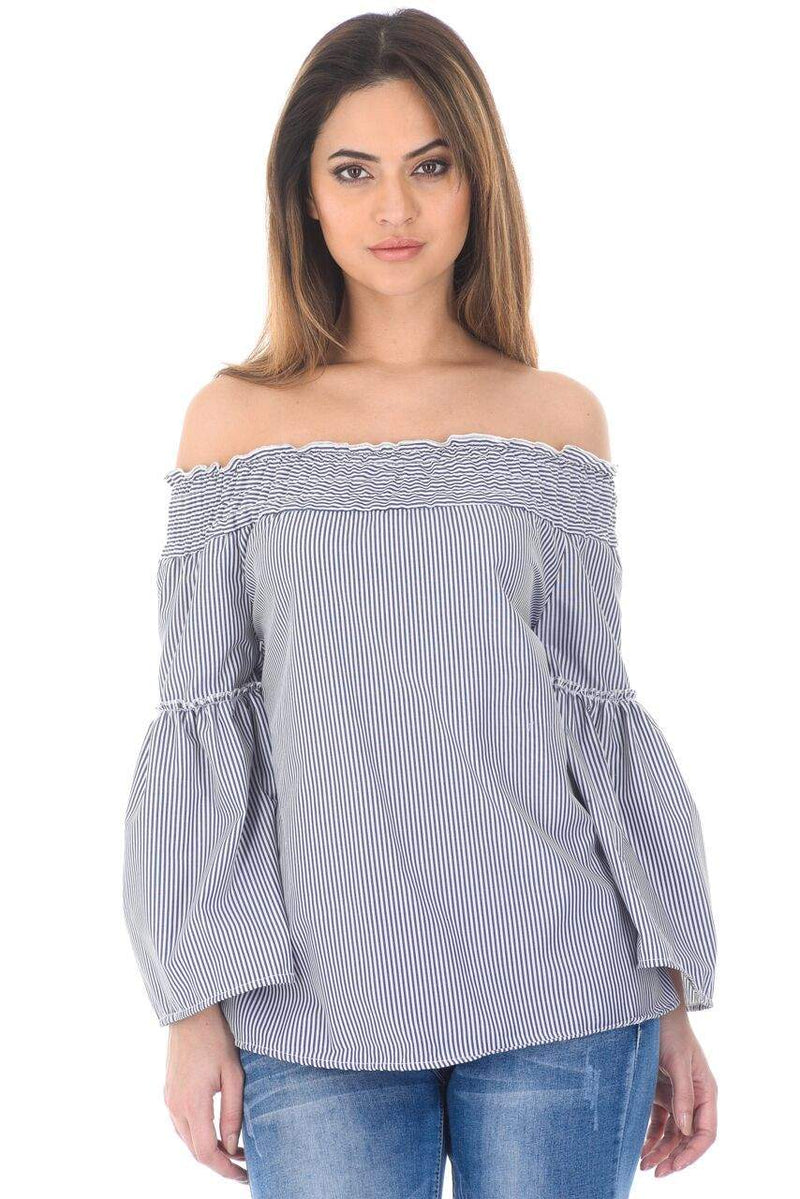 Blue Off The Shoulder Pin Striped Top