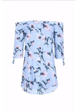 Blue Off The Shoulder Printed Floral Dress