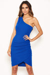 Blue One Shoulder Mini Dress With Ruched Detail