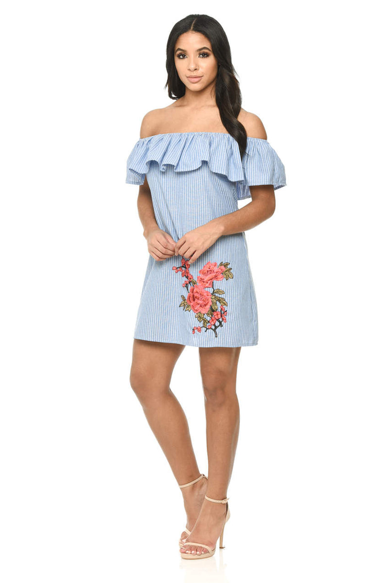 Blue Pinstripe Bardot Dress With Frill Detail And Embroidery