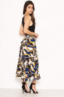Blue Pleated Midi Skirt With Chain Print