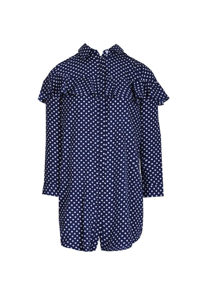 Blue Polka Dot Shirt Dress With Ruffle Detail