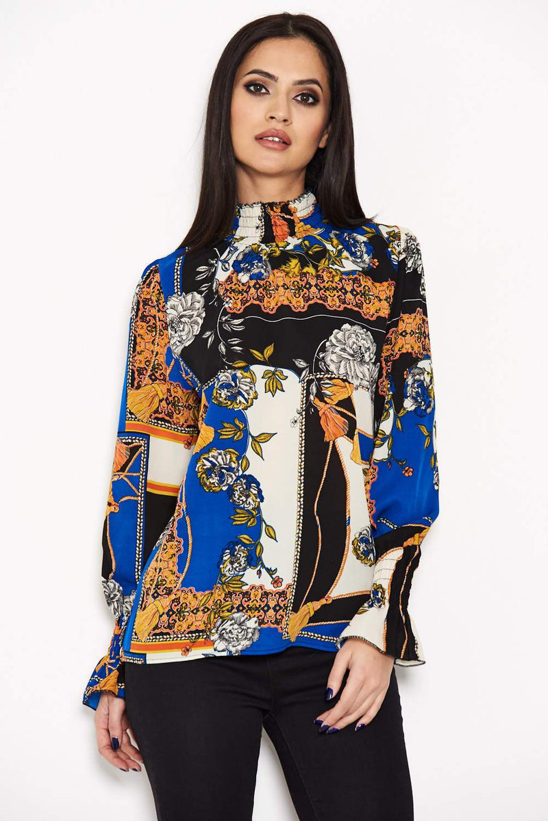 Blue Printed High Neck Top