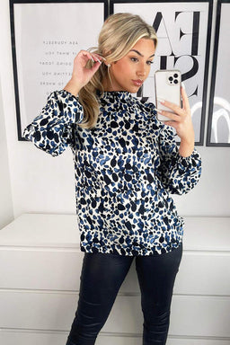Blue Printed Ruffle High Neck Top