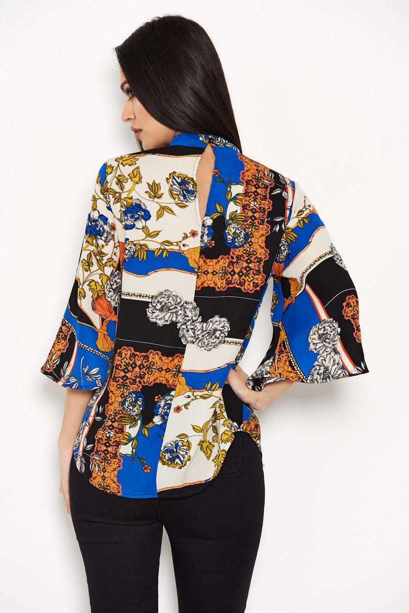 Blue Printed Wide Sleeve Top