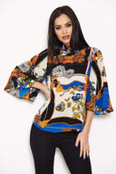 Blue Printed Wide Sleeve Top