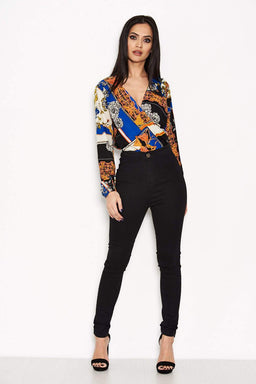 Blue Printed Wrap Bodysuit