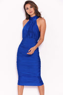 Blue Ruched Halterneck Slinky Bodycon Dress