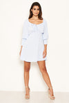 Blue Tie Neckline Long Sleeve Dress