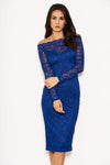 Blue Lace Long Sleeved Midi Dress
