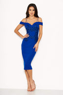 Blue Off The Shoulder Lace Midi Dress With Delicate Straps