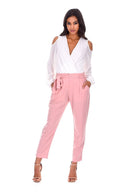 Blush Cropped Tie Belt Trousers