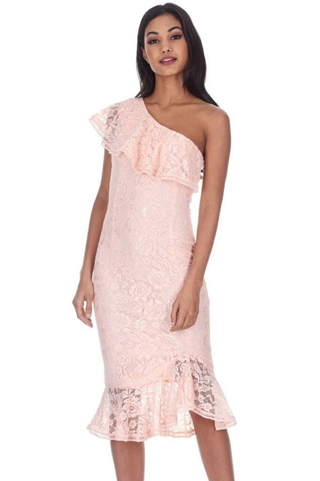 Blush Lace One Shoulder Frill Detail Midi Dress