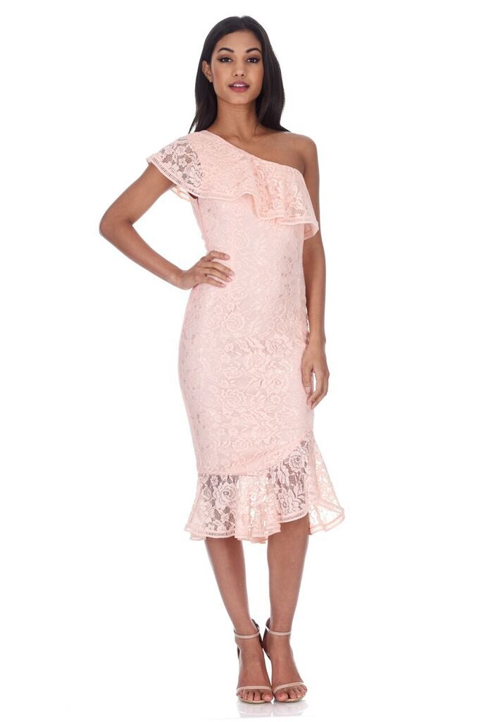 Blush Lace One Shoulder Frill Detail Midi Dress