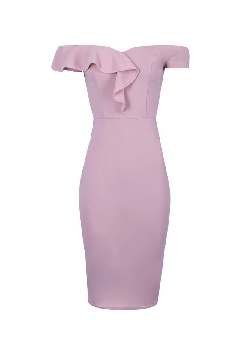 Blush Off The Shoulder Frill Detail Midi Dress