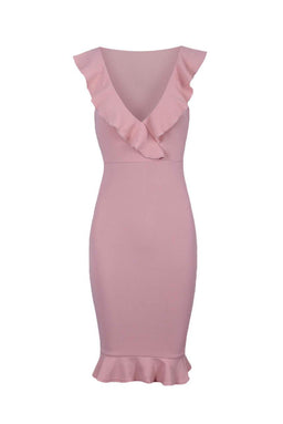 Blush V Neck Frill Detail Bodycon Dress