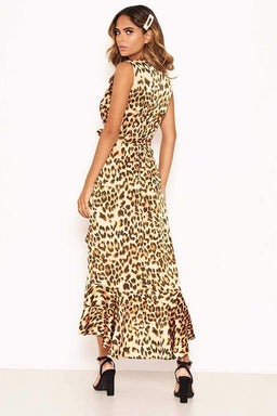 Brown Leopard Print Frill Hem Maxi Dress