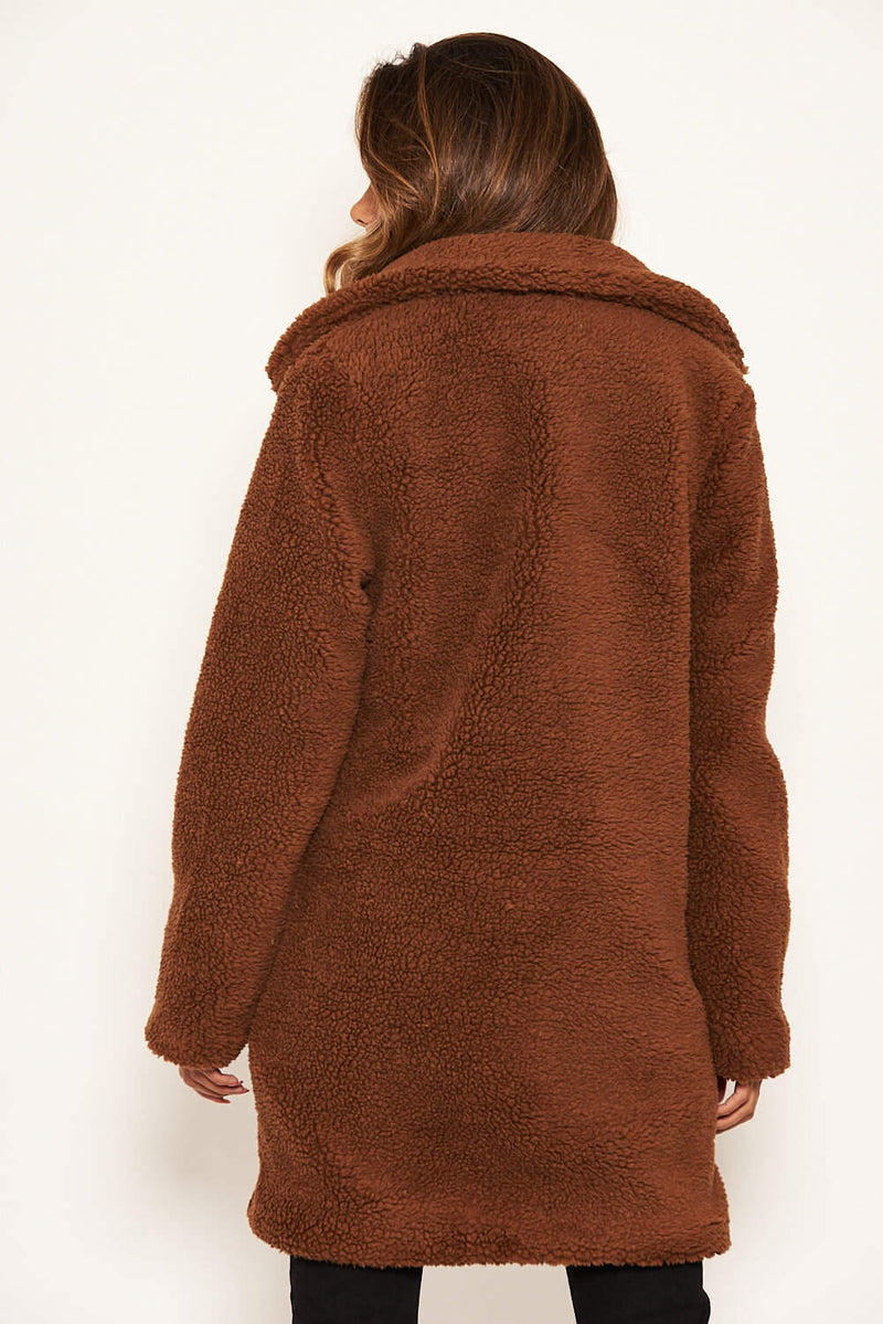 Brown Teddy Faux Fur Coat With Collar