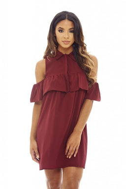Wine Ruffle Cold Shirt Dress