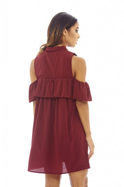 Wine Ruffle Cold Shirt Dress