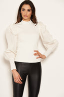 Cream Poplin Sleeve Knitted Top