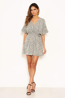 Cream Printed Wrap Frill Playsuit With Tie Belt