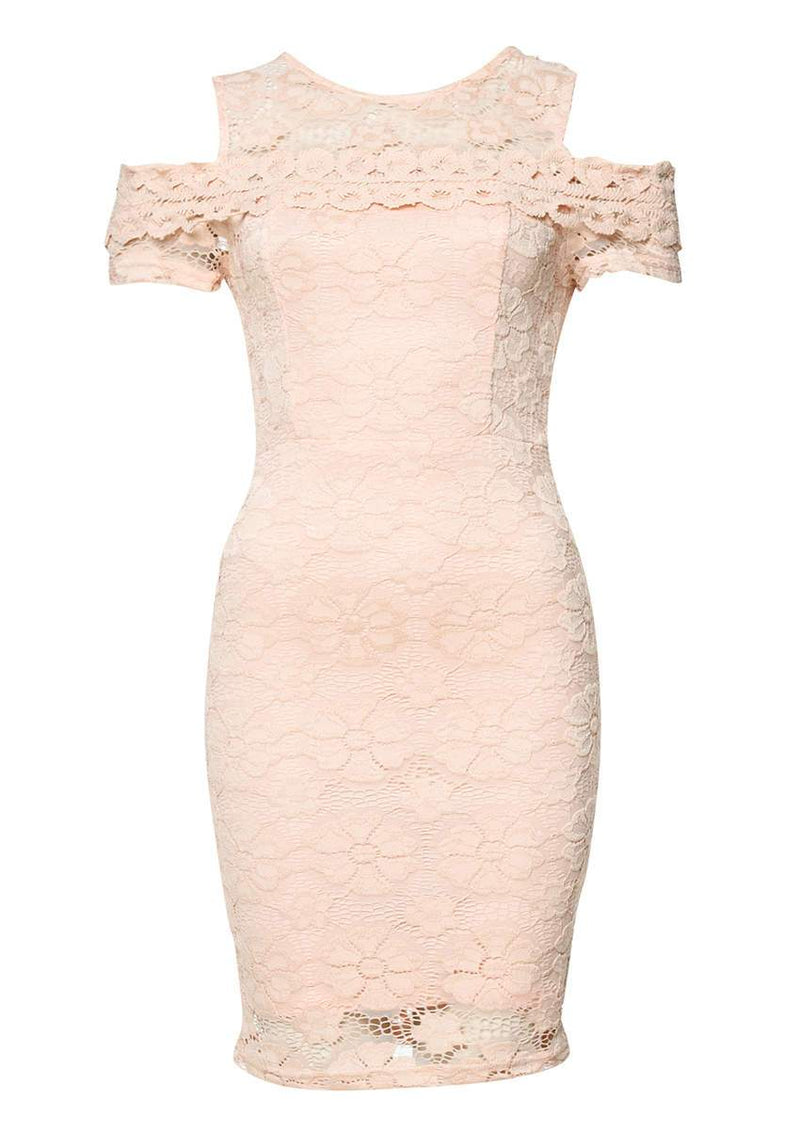 Pink Lace Cut Out Shoulder Fitted Dress