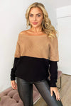 Camel And Black Knit Off Shoulder Jumper