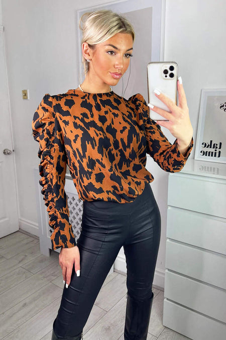 Camel Animal Print Long Gathered Sleeve Top
