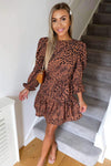 Camel Animal Print Puff Sleeve Skater Dress