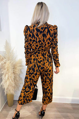 Camel Animal Printed Ruched Sleeve Jumpsuit