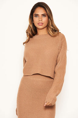 Camel Cropped Knitted Jumper